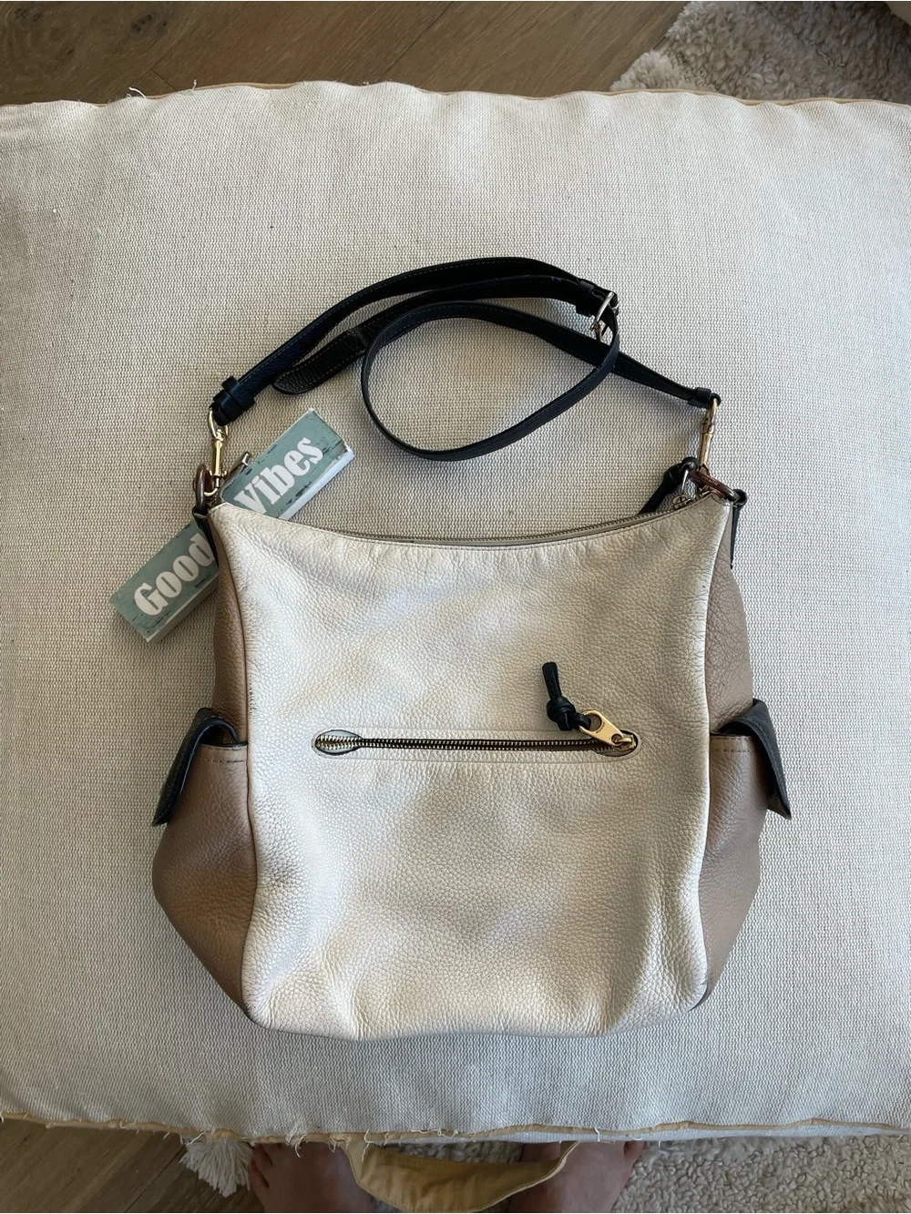 Coach Pennie Pebbled Leather Crossbody Shoulder Bag in Cream and Brown